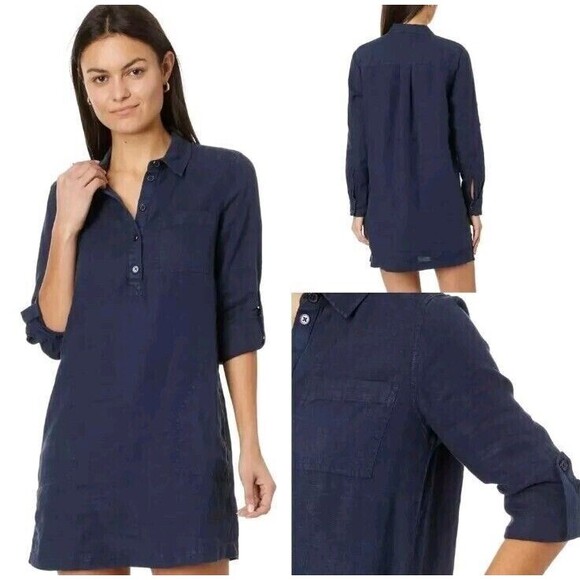 MICHAEL STARS Eleanor Utility Dress XSP Petite Woven Linen Admiral Blue NWT B25 - Picture 1 of 6